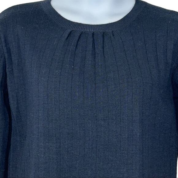 CLICHÉ Navy Wool Blend Sweater Small | Trendy Pleated Bell Sleeve Pullover - Picture 4 of 13